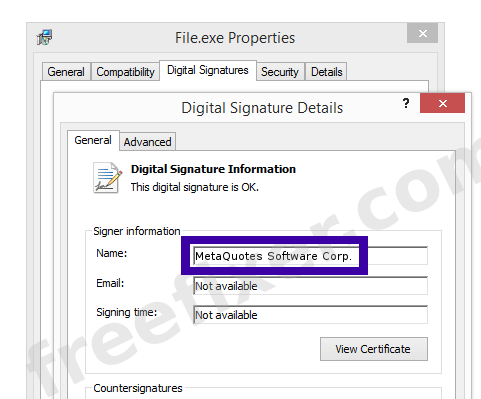 Screenshot of the MetaQuotes Software Corp. certificate